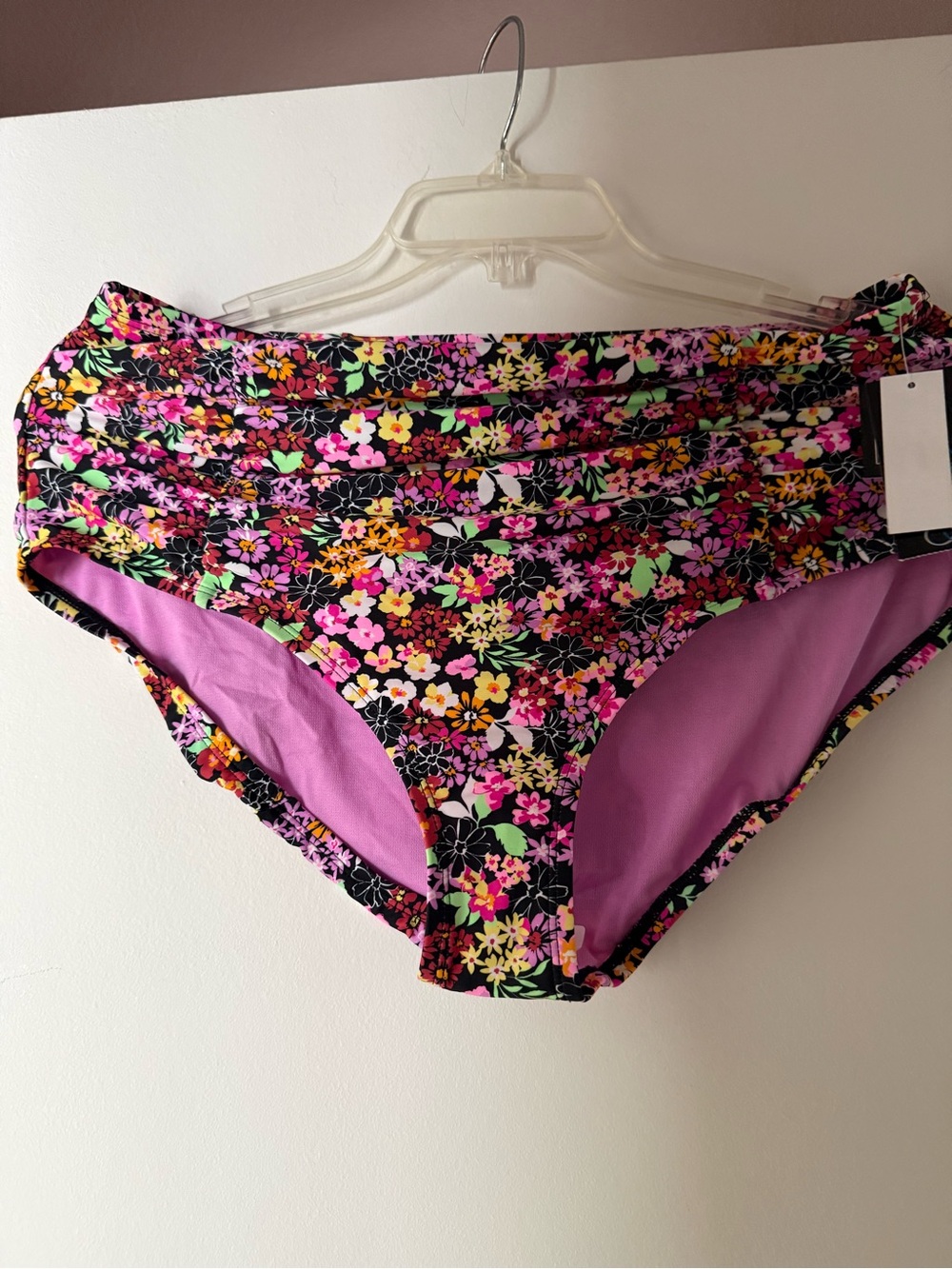 Macy's Black Floral High-Rise Bikini Bottoms with Pink Lining